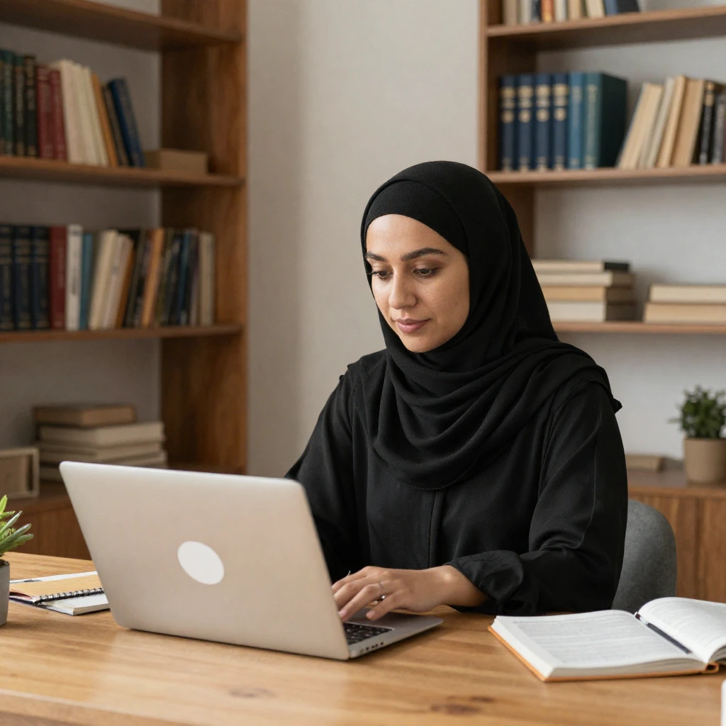 A female Quran teacher is taking online Quran classes in USA via zoom app